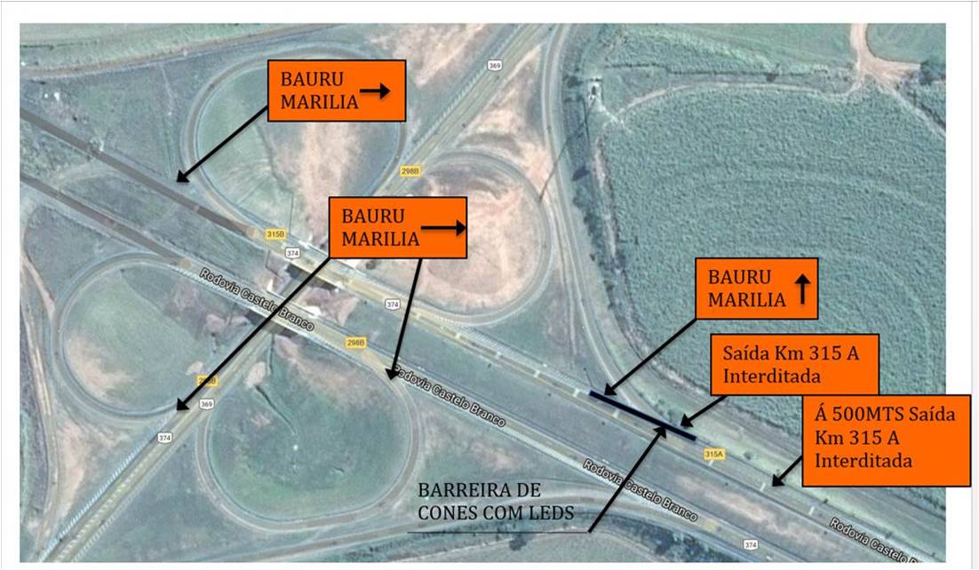 Mapa da interdição da alça de acesso da Rodovia Castelo Branco